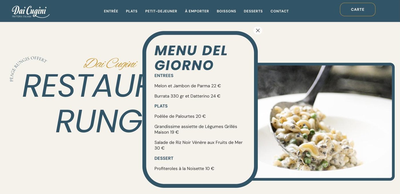 Pop-up Menu del giorno sur le site Dai Cugini