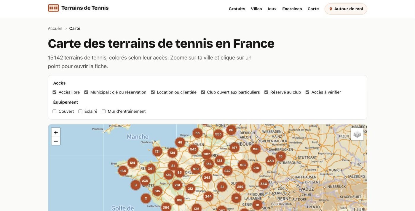 Carte interactive des terrains de tennis en France